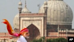 FILE - Indian Prime Minister Narendra Modi addresses the nation from the ramparts of the historical Red Fort on the Independence Day in New Delhi, India.