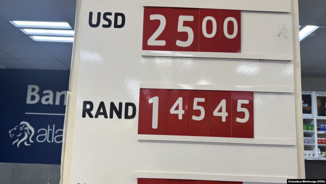 A retail shop in Harare, Zimbabwe, displays the new exchange rate of 25 ZiG to 1 U.S. dollar, it's lowest value since the currency was introduced in April.