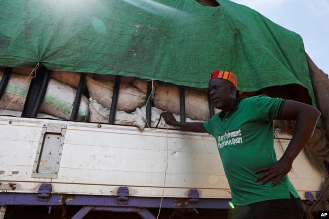 Odonga Otto stands near a truck carrying bags of charcoal in Gulu, Uganda, May 28 2023. Before the charcoal ban, local activists formed vigilante groups in districts such as Gulu, where Otto, a former lawmaker, led an attack on a truck that was dispossessed of about 380 bags of charcoal. Although Otto has since been charged with aggravated robbery, the country’s chief justice praised him as a hero. (AP Photo/Hajarah Nalwadda)