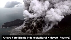 An aerial view of Anak Krakatoa volcano during an eruption at Sunda strait in South Lampung, Indonesia, Dec. 23, 2018.