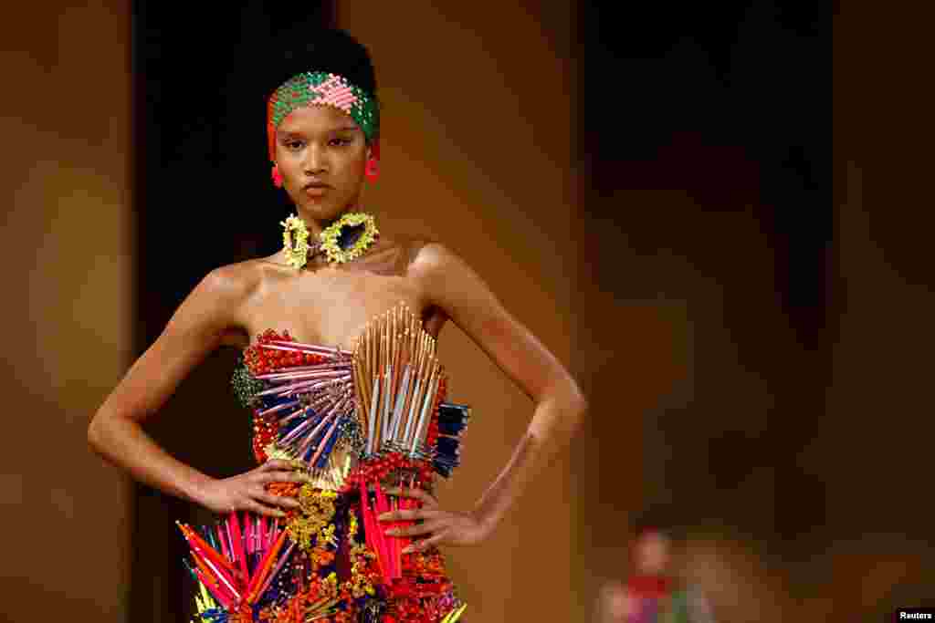 A model presents a creation by designer Kevin Germanier as part of his Haute Couture Spring/Summer 2025 collection show for fashion house Germanier in Paris.