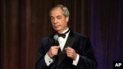 Reform U.K. leader Nigel Farage speaks during the New York Young Republican Club's annual gala on Dec. 15, 2024, in New York. Farage says he has met with billionaire Elon Musk to discuss a potential $100 million donation to his far-right party.