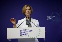 Australia's former prime minister Julia Gillard gestures as she speaks during the closing ceremony on the second day of the Global Education Summit in London, Britain, July 29, 2021.