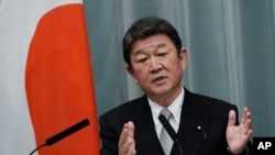 지난 16일 모테기 도시미쓰 일본 외무상이 도쿄 총리관저에서 기자회견을 했다. 