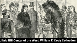 Engraving from the Illustrated London News, May 21, 1887, shows Oglala Lakota Chief Red Shirt being presented to Queen Victoria at the Buffalo Bill Wild West show, London, England. Buffalo Bill Center of the West, William F. Cody Collection, MS6.3352