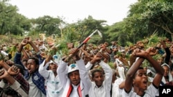 Des Éthiopiens lancent des slogans contre le gouvernement lors de leur marche à Bishoftu, en Éthiopie, le dimanche 2 octobre 2016, (Photo AP)