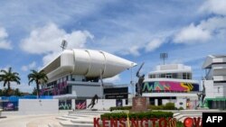 The statues of Sir Garfield Sobers (C), Sir Charles Griffith (L) and Sir Wesley Hall (R) ahead of ICC men's Twenty20 World Cup 2024 at Kensington Oval, Bridgetown, Barbados, on May 24, 2024.