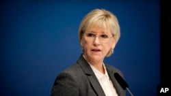 Sweden's Foreign Minister Margot Wallstrom talks during a news conference Thursday Oct. 30, 2014, at the government building Rosenbad, in Stockholm, after Sweden's new government officially recognized a Palestinian state.