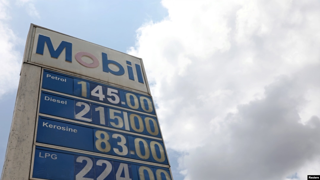 The prices of petrol, diesel, kerosene and LPG are displayed in Naira outside a gas station in Lagos, Nigeria, Sept. 9, 2019.