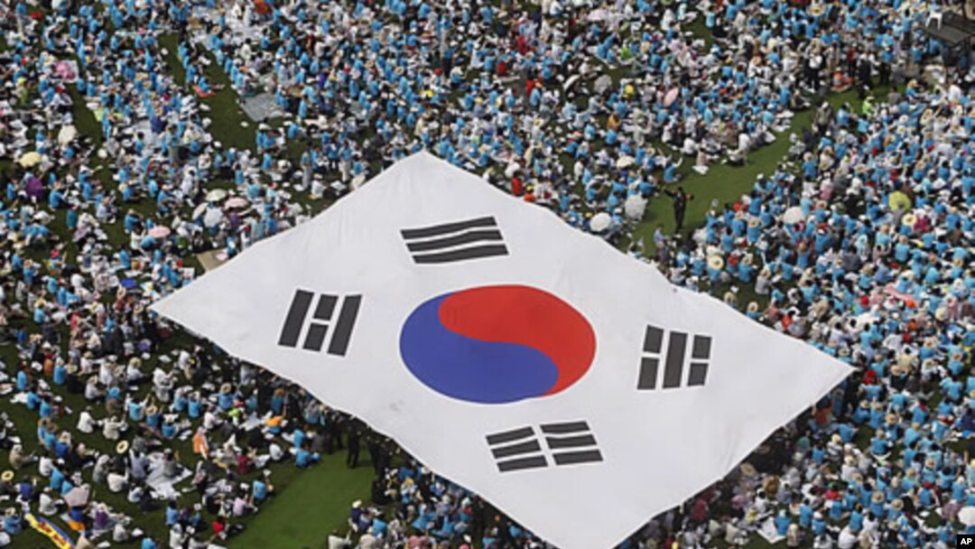 People carry a large scale South Korean national flag during an anti-North Korea rally marking Memorial Day in Seoul, June 6, 2011
