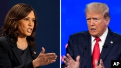 En esta fotografía combinada, Kamala Harris habla durante un debate, el 7 de octubre de 2020, en Salt Lake City, y el candidato presidencial republicano, el expresidente Donald Trump, habla durante un debate, el 27 de junio de 2024, en Atlanta.