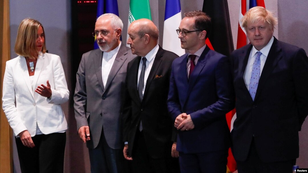 Britain's Foreign Secretary Boris Johnson, German Foreign Minister Heiko Maas, French Foreign Minister Jean-Yves Le Drian and EU High Representative for Foreign Affairs Federica Mogherini take part in meeting with Iran's Foreign Minister Mohammad Javad Zarif in Brussels, Belgium, May 15, 2018. 