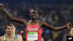 Le kényan David Rudisha deux fois médaillé d'or à Rio et à Londres et double champion du monde, à Pékin et à Daegu (Corée du Sud), 15 août 2016.