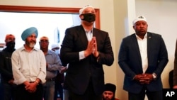 FILE - Rep. Andre Carson, D-Ind., speaks at the Sikh Satsang of Indianapolis, April 17, 2021, at a ceremony for the victims of the April 15 shooting at a FedEx facility in Indianapolis. Another commemoration was held May 1 in downtown Indianapolis.