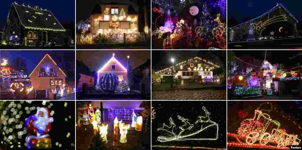 A combination of pictures shows houses and decorations illuminated ahead of Christmas in German cities of Berlin, Hamburg-Heimfeld, Moenchengladbach, Olching and Stolberg.