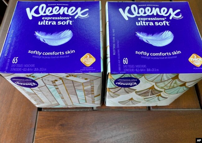 Two boxes of Kleenex tissues are displayed in Ann Arbor, Mich., on Wednesday, May 25, 2022. (AP Photo/Dee-Ann Durbin)