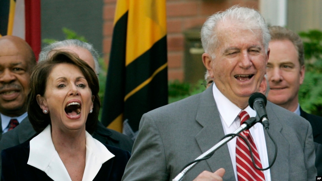 FILE - Speaker of the House Nancy Pelosi, D-Calif., left, laughs as her brother Thomas D' Alesandro III, right, makes a joke as he introduces her husband Paul, during a street renaming ceremony in her behalf, in Baltimore, Jan. 5, 2007.