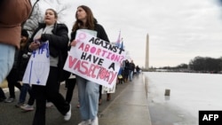 Manifestantes desfilan en la "Marcha del Pueblo en Washington" para protestar contra la investidura de Donald Trump, el 18 de enero de 2025.