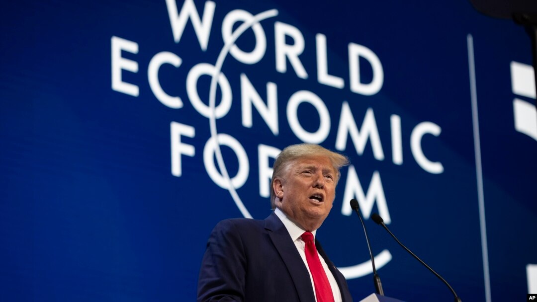 美國總統特朗普在瑞士達沃斯的世界經濟論壇上發表講話。（2020年1月21日）