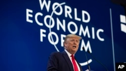美國總統特朗普在瑞士達沃斯的世界經濟論壇上發表講話。（2020年1月21日）