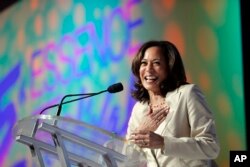 FILE - Democratic presidential candidate, Sen. Kamala Harris, D-Calif., speaks at the 25th Essence Festival in New Orleans, July 6, 2019.