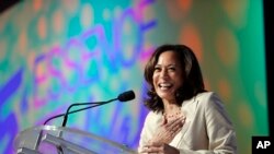 Democratic presidential candidate, Sen. Kamala Harris, D-Calif., speaks at the 25th Essence Festival in New Orleans, July 6, 2019.