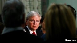 ທ່ານ Kevin Rudd ນາຍົກລັດຖະມົນຕີອັອສເຕຣເລຍ ຢູ່ໃນກອງປະຊຸມຖະແຫລງຂ່າວ ໃນນະຄອນ Sydney ໃນວັນທີ 22 ກໍລະກົດ 2013 ຜ່ານມານີ້.