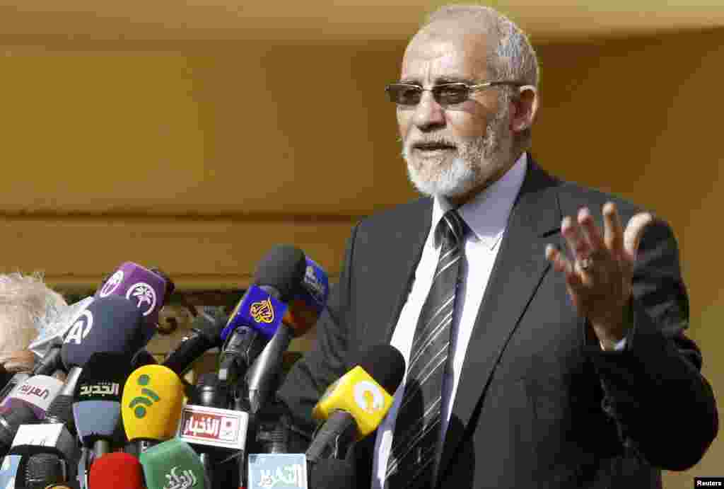 The supreme guide of Egypt's Muslim Brotherhood Mohamed Badie speaks during a news conference at the Brotherhood's main office in Cairo, Dec. 8, 2012. 