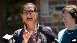 Interior Secretary Deb Haaland speaks to reporters during a visit to Acadia National Park, June 18, 2021, in Winter Harbor, Maine.