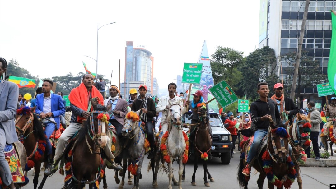 FILE - Aug. 8, 2021 photo, thousands of Ethiopians from the capital and surrounding areas head to Meskel Square to rally against the Tigray People's Liberation Front.