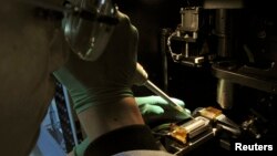 FILE - A researcher injects DNA material onto a laboratory dish.