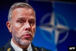 The Chair of NATO's Military Committee, Admiral Rob Bauer addresses a press conference during the NATO Military Committee Conference 2023 (MCC23) at the Holmenkollen Scandic hotel in Oslo, Norway, on September 16, 2023. (Photo by Lise Åserud / NTB / AFP)