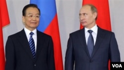 PM Rusia Vladimir Putin dan PM Tiongkok Wen Jiabao berdiri berdampingan saat upacara penandatanganan dokumen perjanjian melestarikan harimau di Istana Konstantin, St. Petersburg.