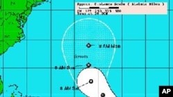 National Hurricane Center (NHC) graphic shows an approximate representation of coastal areas under a hurricane warning (red), hurricane watch (pink), tropical storm warning (blue) and tropical storm watch (yellow), 25 Aug 2010