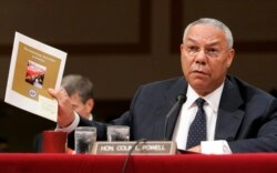 FILE - Then-U.S. Secretary of State Colin Powell speaks on Capitol Hill in Washington, Sept. 9, 2004.