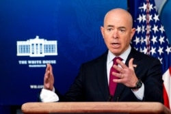 FILE - Homeland Security Secretary Alejandro Mayorkas speaks during a press briefing at the White House, March 1, 2021.