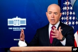 FILE - Homeland Security Secretary Alejandro Mayorkas speaks during a press briefing at the White House, March 1, 2021.