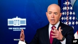 FILE - Homeland Security Secretary Alejandro Mayorkas speaks during a press briefing at the White House, March 1, 2021.