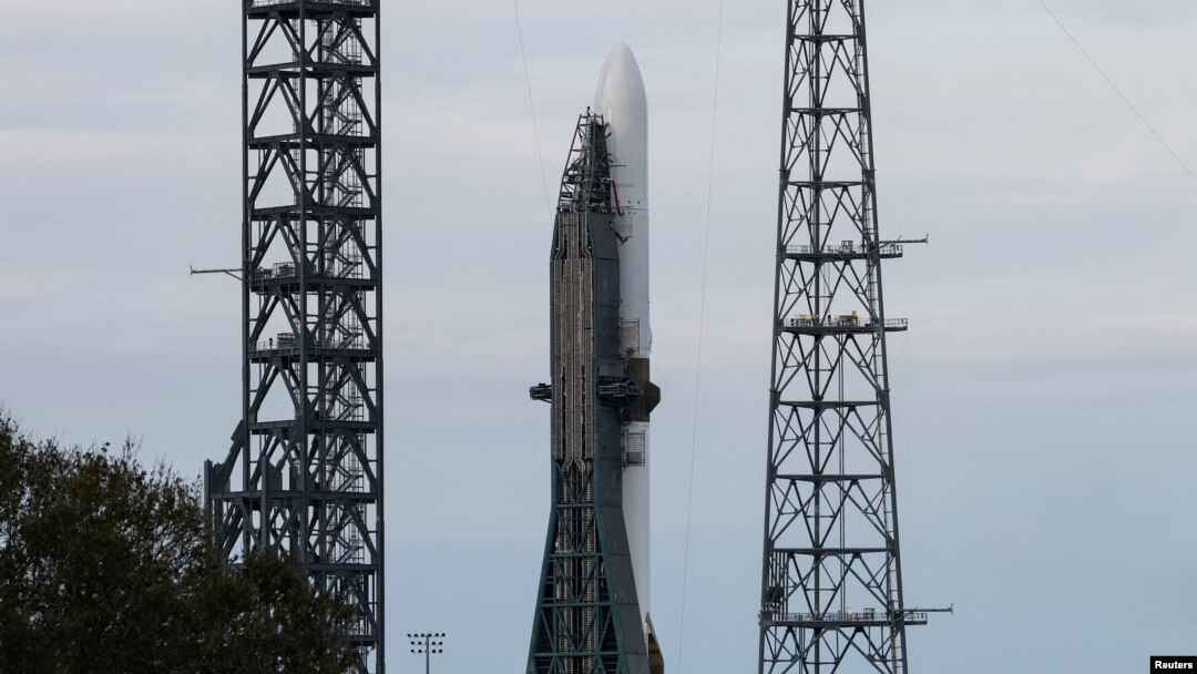 A Blue Origin New Glenn rocket stands ready for its inaugural launch at the Cape Canaveral Space Force Station in Cape Canaveral, Florida, Jan. 13, 2025. 