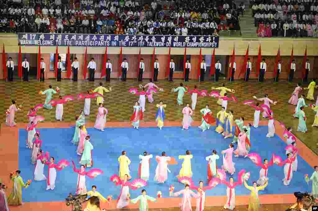 A North Korean dance team performs a traditional dance at the event. (Sungwon Baik/VOA)
