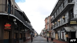 A view of empty Bourbon Street in the French Quarter amid the coronavirus (COVID-19) pandemic on March 27, 2020 in New Orleans, Louisiana.