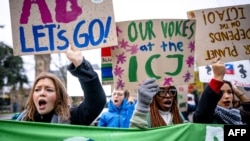 Climate activists demonstrate in front of the International Court of Justice in The Hague, Netherlands, on Dec. 2, 2024.