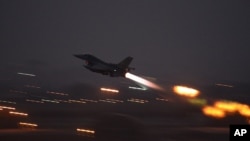 FILE - In an image provided by the U.S. Air Force, an F-16 Fighting Falcon takes off from Incirlik Air Base, Turkey. Jabhat Fatah al-Sham, the group formally known as Jabhat al-Nusra, said Abu al-Farai al-Masri was killed when his vehicle was struck in the northwestern Idlib province.