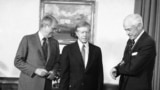 U.S., Ambassador to the USSR, Thomas Watson meets with Secretary of State Cyrus Vance, left, and President Jimmy Carter in the Oval Office of the White House in Washington, Jan. 4, 1980. (AP Photo/Dennis Cook)