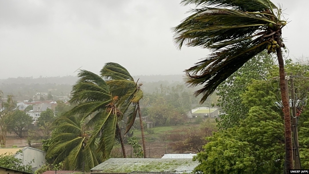 Winds from Cyclone Chido rage near Pemba in northern Mozambique, in this handout picture taken and distributed by UNICEF on Dec. 17, 2024.