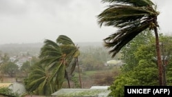 Winds from Cyclone Chido rage near Pemba in northern Mozambique, in this handout picture taken and distributed by UNICEF on Dec. 17, 2024.