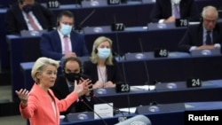 European Commission President Ursula von der Leyen speaks during a debate on "The State of the European Union" at the European Parliament in Strasbourg, France, Sept. 15, 2021. 