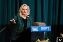 FILE - In this image provided by Dartmouth, former Rep. Liz Cheney speaks at Dartmouth in Hanover, N.H., January 5, 2024.