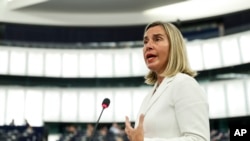 European Union foreign policy chief Federica Mogherini delivers a speech at the European Parliament in Strasbourg, France, July 16, 2019.