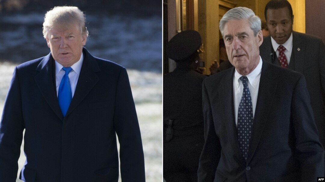 Kombinasi foto Presiden AS Donald Trump di Gedung Putih, Washington, 5 Januari 2018, dan mantan Direktur FBI Robert Mueller, yang juga penyidik khusus dalam penyelidikan keterlibatan Rusia dalam pilpres 2016, di Capitol, Washington, 21 Juni 2017. 